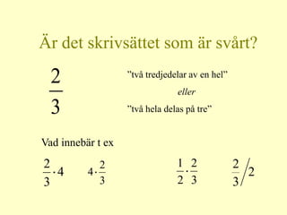 Är det skrivsättet som är svårt?
  2                ”två tredjedelar av en hel”
                                eller
  3                ”två hela delas på tre”


Vad innebär t ex
2           2                   1 2              2
  4       4                                        2
3           3                   2 3              3
 