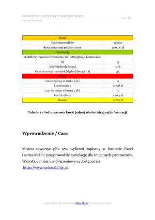 EFEKTYWNE I INTUICYJNE SERWISY WWW
                                                                                   ● str. 13
Tomasz Karwatka




                             Firma
                       Ilość pracowników                                    10000
                  Koszt utraconej godziny pracy                            200,00 zł
                           Informacja
 Dodatkowy czas na zrozumienie nie-intuicyjnego komunikatu
                               [s]                                            5
                     Ilość błędnych decyzji                                  10%
         Czas utracony na skutek błędnej decyzji [s]                          35
                             Straty
                   czas stracony w kroku 1 [h]                                14
                          koszt kroku 1                                    2 778 zł
                   czas stracony w kroku 2 [h]                                10
                          koszt kroku 2                                    1 944 zł
                             Razem                                         4 722 zł



    Tabela 1 - Jednorazowy koszt jednej nie-intuicyjnej informacji




Wprowadzenie / Case


Możesz otworzyć plik ww. wyliczeń zapisany w formacie Excel
i samodzielnie przeprowadzić symulację dla zmiennych parametrów.
Wszystkie materiały ćwiczeniowe są dostępne na
http://www.webusability.pl.




                  Copyright by Wydawnictwo Złote Myśli & Tomasz Karwatka
 