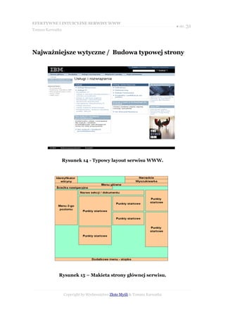 EFEKTYWNE I INTUICYJNE SERWISY WWW
                                                                           ● str. 31
Tomasz Karwatka




Najważniejsze wytyczne / Budowa typowej strony




                  Rysunek 14 - Typowy layout serwisu WWW.




             Rysunek 15 – Makieta strony głównej serwisu.



                  Copyright by Wydawnictwo Złote Myśli & Tomasz Karwatka
 