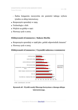 EFEKTYWNE I INTUICYJNE SERWISY WWW
                                                                           ● str. 55
Tomasz Karwatka



    •   Żadna księgarnia rzeczywista nie pomieści takiego wyboru
        tytułów co sklep internetowy.
●   Rozpoczęcie sprzedaży w 1995.
●   Technologia 1 click
●   Wejście na giełdę w 1997.
●   Pierwszy zysk w 2002.


Efektywność eCommerce / Sukces Merlin

●   Rozpoczęcie sprzedaży w 1998 jako „polski odpowiednik Amazon”
●   Pierwszy zysk w 2003

Efektywność eCommerce / Czynniki sukcesu e-commerce




    Rysunek 28 - Wyniki sondy Dlaczego korzystasz z danego sklepu
                                   internetowego.




                  Copyright by Wydawnictwo Złote Myśli & Tomasz Karwatka
 