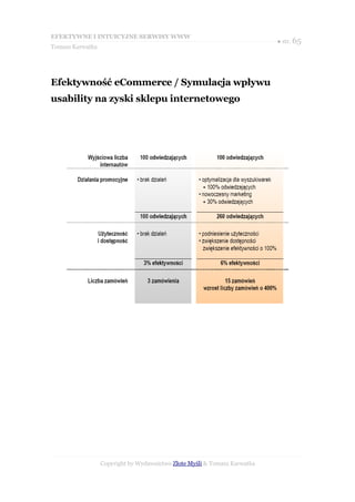 EFEKTYWNE I INTUICYJNE SERWISY WWW
                                                                           ● str. 65
Tomasz Karwatka




Efektywność eCommerce / Symulacja wpływu
usability na zyski sklepu internetowego




                  Copyright by Wydawnictwo Złote Myśli & Tomasz Karwatka
 