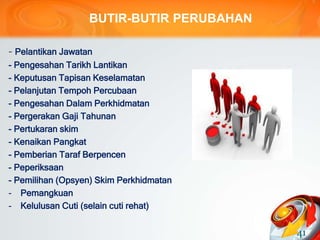 BUTIR-BUTIR PERUBAHAN
- Pelantikan Jawatan
- Pengesahan Tarikh Lantikan
- Keputusan Tapisan Keselamatan
- Pelanjutan Tempoh Percubaan
- Pengesahan Dalam Perkhidmatan
- Pergerakan Gaji Tahunan
- Pertukaran skim
- Kenaikan Pangkat
- Pemberian Taraf Berpencen
- Peperiksaan
- Pemilihan (Opsyen) Skim Perkhidmatan
- Pemangkuan
- Kelulusan Cuti (selain cuti rehat)
41
 