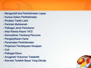 - Mengambil kira Perkhidmatan Lepas
- Kursus Dalam Perkhidmatan
- Pindaan Tarikh Lahir
- Perintah Mahkamah
- Pelbagai Jenis Pertukaran
- Akta Rahsia Rasmi 1972
- Kemudahan Tambang Percuma
- Pengisytiharan Harta
- Penamatan Perkhidmatan
- Pinjaman/ Pembiayaan Kerajaan
- Cuti
- Pelbagai Elaun
- Anugerah/ Hukuman Tatatertib
- Kes-kes Terlebih Bayar Yang Dikutip
42
 