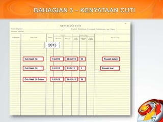 57
2013
Cuti Sakit (S) 1.6.2013 30.6.2013 30 Pesakit dalam
Cuti Sakit (S) 1.8.2013 3.8.2013 3 Pesakit luar
Cuti Sakit (S) Dalam 1.6.2013 30.6.2013 30
 