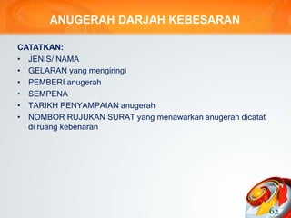 ANUGERAH DARJAH KEBESARAN
CATATKAN:
• JENIS/ NAMA
• GELARAN yang mengiringi
• PEMBERI anugerah
• SEMPENA
• TARIKH PENYAMPAIAN anugerah
• NOMBOR RUJUKAN SURAT yang menawarkan anugerah dicatat
di ruang kebenaran
62
 