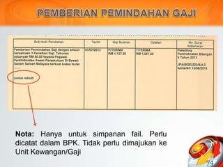 74
Nota: Hanya untuk simpanan fail. Perlu
dicatat dalam BPK. Tidak perlu dimajukan ke
Unit Kewangan/Gaji
 