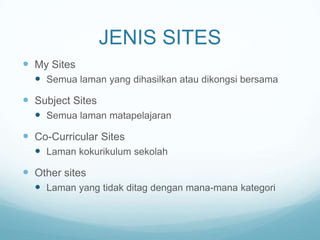 JENIS SITES
 My Sites
 Semua laman yang dihasilkan atau dikongsi bersama

 Subject Sites
 Semua laman matapelajaran

 Co-Curricular Sites
 Laman kokurikulum sekolah

 Other sites
 Laman yang tidak ditag dengan mana-mana kategori

 