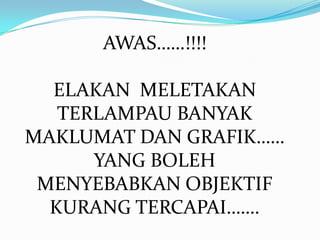 AWAS……!!!!ELAKANMELETAKANTERLAMPAUBANYAKMAKLUMAT DAN GRAFIK…… YANG BOLEHMENYEBABKANOBJEKTIFKURANGTERCAPAI…….