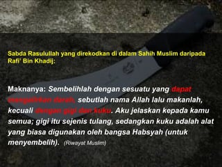 Sabda Rasulullah yang direkodkan di dalam Sahih Muslim daripada
Rafi’ Bin Khadij:
Maknanya: Sembelihlah dengan sesuatu yang dapat
mengalirkan darah, sebutlah nama Allah lalu makanlah,
kecuali dengan gigi dan kuku. Aku jelaskan kepada kamu
semua; gigi itu sejenis tulang, sedangkan kuku adalah alat
yang biasa digunakan oleh bangsa Habsyah (untuk
menyembelih). (Riwayat Muslim)
 