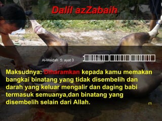 Dalil azZabaihDalil azZabaih
‫ى‬‫ى‬‫ى‬‫ى‬‫ى‬‫ى‬‫ى‬‫ى‬‫ى‬‫ى‬‫ى‬‫ى‬‫ى‬‫ى‬:Al-Maidah 5: ayat 3
Maksudnya: Diharamkan kepada kamu memakan
bangkai binatang yang tidak disembelih dan
darah yang keluar mengalir dan daging babi
termasuk semuanya,dan binatang yang
disembelih selain dari Allah. (1)
 