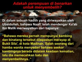 Adakah perempuan di benarkanAdakah perempuan di benarkan
untuk menyembelih?untuk menyembelih?
Di dalam sebuah hadith yang diriwayatkan oleh
Ubaidullah, bahawa Naafi' telah mendengar Ka'ab
Ibn Malik meriwayatkan dari bapanya:
“Bahawa mereka pernah mempunyai kambing
dan binatang tersebut dilepaskan merayap di
Bukit Sila', di kota Madinah. Salah seorang dari
hamba wanita menyedari bahawa seekor
kambingnya berada didalam keadaan kematian,
lalu dia memecahkan batu dan
menyembelihnya..”
 