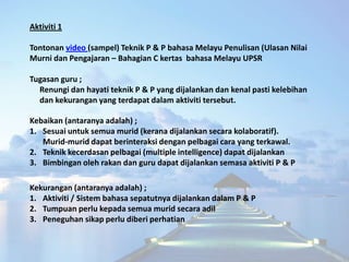Aktiviti 1

Tontonan video (sampel) Teknik P & P bahasa Melayu Penulisan (Ulasan Nilai
Murni dan Pengajaran – Bahagian C k...