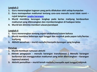 Langkah 3
1. Guru menerangkan tugasan yang perlu dilakukan oleh setiap kumpulan
2. Guru memaparkan maklumat tentang cara-c...