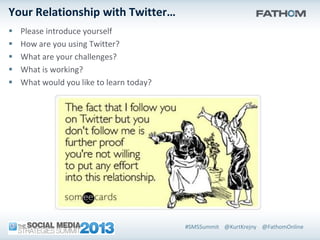 Your Relationship with Twitter…
   Please introduce yourself
   How are you using Twitter?
   What are your challenges?...