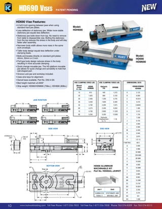 HD690 Vises
HD690 Vise Features:

•  full 9 inch opening between jaws when using
A
standard hard jaw plates.
L
•  ess deflection of stationary jaw. Wider more stable
stationary jaw equals less deflection.
•  tationary jaw bolts down from top. No need to remove
S
from table to disassemble vise. Bolting the stationary
from the top reduces the stress in the body and will stay
flatter after assembly.
•  arrower body width allows more vises in the same
N
work envelope.
•  aller body design equals less deflection under
T
clamping loads.
•  olts and locates directly on standard grid plates:
B
40mm, 50mm or 2 inch.
P
•  ull type body design reduces stress in the body
resulting in more accurate clamping.
•  uick change movable jaw. The HD platform movable
Q
JAW POSITIONS
jaw allows for quick change and carvability to hold that
JAW POSITIONS
odd shaped part.
•  roove Lock jaw and workstop included. AA
G
AA
U
•  ses sine keys for alignment.
•  wivel base available. Part No. D50-4-SA
S
•  ed height matched ±0.0005
B
•  hip weight: HD690/HDM690 (75lbs.), HDH690 (80lbs.)
S

Model:
HDH690

Model:
HD690 SIDE VIEW
HDM690 VIEW
SIDE
G
HYDRAULIC
UNIT
HYDRAULIC
UNIT

Manual
Torque
Ft.-Lbs.

HD690
HDM690

10

975

20
HYDRAULIC
HYDRAULIC
UNIT
CC
UNIT
CC

JAW POSITION

AA
AA

END OF
VISE

J

CC
CC

G

DRAULIC
C
HYDRAULIC
FF
END OF END OF
T UNIT
UNIT
VISE VISE

FF

G

J

END OF
VISE

J

J

H

H

EE FF

EE

9,450

80

5,250

3,200

12,600

X
X
K

K

K

E
X

HH

X

R

R

R

R
R

R

C

E

HH

X

M

Z

M

Z

GG HEX

Z

Y
(4X)

Y
(4X)

Z
Z

M
N
M

N

T

T

T

Q

Q

X

W
S

Q

Q
V

S

P

P METRIC
Q

I

A

0.330
0.940
S

U S

WU
W

3.875

I

T
HD690 ALUMINUM
S
T
S
MACHINABLE KIT
V
U
V
U
Part No. HD690AL-JAWKIT
W

W

M12

T

T V
GG HEX
V
GG HEX

2.000
2.986
50 MM

T

200 MM
80 MM

Q
Q

10.000

W

Q
Q

4.000

X

16 MM X
0.625 X

Y
Z

0.992

AA

9.062

BB

12.099
13.787

DD

GG HEX

T

(4X)

R
I

Y

(4X)
1/2-13 Y

CC

Q

Z

2.000

R
BOTTOM VIEW
B
B P (TYP) P (TYP)N P (TYP)
BOTTOM VIEW
O
O
O

16.824

Jaw #

Used

EE

2.250

XJAB6A-318
HD6AL-2

STATIONARY JAW
MOVABLE JAW

FF

3.375

GG

3/4

HH

N
N

Z

4.000

B

Y
(4X)

A
A

HH

U

Q

S

1.735

M

R P (TYP) K
C
END
END VIEW B VIEWEND VIEW
C
L
O
END VIEW
R
M

I

Y
(4X)

L
L

0.725

R

Q

S

H

V

R

R

2.312

M

J

HH

Q
GG HEXGG HEX

U

10

HH

C

3.375

S

L

C

F
0.6600 BOTTOM VIEW
F
1.485 BOTTOM VIEW

G

X

BOTTOM VIEW
C
C
C

Z
M
BOTTOM VIEW VIEW
BOTTOM BOTTOM VIEW
X
M

L

A
R
R

16.810

F
X

R
R

BOTTOM VIEW

X

A

D

X

X

FL

6.000

K
K

HH
7.338

O
X
F X
N

X

I

K

F

E

END E
Hydraulic VIEW
Displacement E
1.18
D
cu.
D In.

N
A

D

E

11,025

L

D

7,875

X

D

2,800

X

D

6,300

2,400

E

EE

1,600

4,700

D
EE

C

4,275

H

DD
DD

B

3,700

EE
EE

AA

3,150

3.125 E

D

A

AA
4,725
AA

H
H
2,000

J
J

3,250

F
AA

800

2,400

H
AA

1,575

70

SIDE VIEW

G

400

60

SIDE
SIDE VIEW VIEWSIDE VIEW
AA

HD690/HDM690
HDH690 E

SIDE VIEW

1,200

1,625 G
G

DIMENSIONAL DATA

HDH690
SIDE VIEW

50

DD
SIDE VIEW
DD

G

EE

AA
H
H

30
END OF
END OF
VISE
40
VISE

FF
FF

BB
BB

Hydraulic
EE PSI

AA

J
J

VISE CLAMPING FORCE-LBS. FF VISE CLAMPING FORCE-LBS.

BB

JAW POSITIONS
JAW POSITIONS

G

END OF
VISE
END OF
VISE

FF

BB

DRAULIC
UNIT

FF

PATENT PENDING

1.508

www.kurtworkholding.com | Toll FreeVPhone 1-877-226-7823 | Toll Free Fax 1-877-226-7828 | Phone 763-574-8309 | Fax 763-574-8313
X
X
X
V
V
U
U
U

 