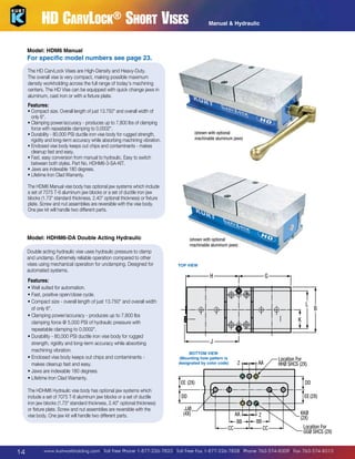 a

HD CarvLock® Short Vises

Manual  Hydraulic

Model: HDM6 Manual

For specific model numbers see page 23.
The HD CarvLock Vises are High-Density and Heavy-Duty.
The overall vise is very compact, making possible maximum
density workholding across the full range of today’s machining
centers. The HD Vise can be equipped with quick change jaws in
aluminum, cast iron or with a fixture plate.

Features:

•  ompact size. Overall length of just 13.750 and overall width of
C
only 6.
•  lamping power/accuracy - produces up to 7,800 lbs of clamping
C
force with repeatable clamping to 0.0002.
D
•  urability - 80,000 PSI ductile iron vise body for rugged strength,
rigidity and long-term accuracy while absorbing machining vibration.
•  nclosed vise body keeps out chips and contaminants - makes
E
cleanup fast and easy.
•F
­  ast, easy conversion from manual to hydraulic. Easy to switch
between both styles. Part No. HDHM6-3-SA-KIT.
• Jaws are indexable 180 degrees.
• Lifetime Iron Clad Warranty.

(shown with optional
machinable aluminum jaws)

The HDM6 Manual vise body has optional jaw systems which include
a set of 7075 T-6 aluminum jaw blocks or a set of ductile iron jaw
blocks (1.73SS
standard thickness, 2.40 optional thickness) or fixture
plate. Screw and nut assemblies are reversible with the vise body.
TT
One jaw kit will handle two different parts.Clearance

Above SHCS
Head

Accessory Jaw Plate Shown
Model: HDHM6-DA Double Acting Hydraulic
With Optional 2.5 Height Jaw
Double acting hydraulic vise uses hydraulic pressure to clamp
and unclamp. Extremely reliable operation compared to other
vises using mechanical operation for unclamping. Designed for
automated systems.

(shown with optional
machinable aluminum jaws)

Non-Carvable Area
Typical VIEW
TOP
R

Features:
•  ell suited for automation.
W
•  ast, positive open/close cycle.
F
C
•  ompact size - overall length of just 13.750 and overall width
Clearance Above SHCS Head
of only 6.
S
•  lamping power/accuracy - produces up to 7,800 lbs
C
O
clamping force @ 5,000 PSI of hydraulic pressure with
repeatable clamping to 0.0002.
N
•  urability - 80,000 PSI ductile iron vise body for rugged
D
strength, rigidity and long-term accuracy while absorbing
machining vibration.
•  nclosed vise body keeps out chips and contaminants E
T (INT HEX)
F
makes cleanup fast and easy.
Preload
P (2X) (SAE STRAIGHT THREAD
UU
•  aws are indexable 180 degrees. O-RING PORT)
J
Movement
Both•Jaws Iron Clad Warranty.
L
 ifetime

E

Q

M

The HDHM6 Hydraulic vise body has optional jaw systems which
include a set of 7075 T-6 aluminum jaw blocks orN set of ductile
a
iron jaw blocks (1.73 standard thickness, 2.40 optional thickness)
or fixture plate. Screw and nut assemblies are reversible with the
vise body. One jaw kit will handle two different parts.
A

R

H

14

D
C

F

Preload
UU
Both Jaws
Q

P (2X)
Movement
E

M

H

G

N
A

*
L

D

H

C

B

K

J
BOTTOM VIEW
(Mounting hole pattern is
designated by color code)

Location For
HHØ SHCS (2X)

AA

Z

EE (2X)

DD

DD

EE (2X)

U

JJØ
(4X)

AA
V
BB
CC

X
(4X)

KKØ
(2X)

Z
BB

Location For
GGØ SHCS (2X)

CC

W

www.kurtworkholding.com | Toll Free Phone 1-877-226-7823 | Toll Free Fax 1-877-226-7828 | Phone 763-574-8309 | Fax 763-574-8313

 