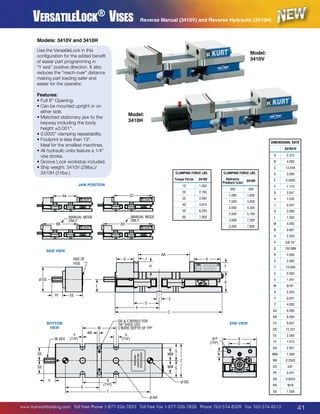 VersatileLock® Vises

Reverse Manual (3410V) and Reverse Hydraulic (3410H)

Models: 3410V and 3410H
Use the VersatileLock in this
configuration for the added benefit
of easier part programming in
“Y axis” positive direction. It also
reduces the “reach-over” distance
making part loading safer and
easier for the operator.

Model:
3410V

JAW POSITIONS

Features:
• Full 6 Opening.
•  an be mounted upright or on
C
either side.
•  atched stationary jaw to the
M
keyway including the body
height ±0.001.
• 0.0005 clamping repeatability.
•  ootprint is less than 13.
F
Ideal for the smallest machines.
•  ll hydraulic units feature a 1/4
A
vise stroke.
G
•  roove Lock workstop included.
•  hip weight: 3410V (28lbs.)/
S
JAW POSITIONS
3410H (31lbs.)

JAW POSITIONS
AA

END O
VISE

AA Model:

3410H

END O
VISE

GG
MANUAL MODE
ONLY

BB

GG

DIMENSIONAL DATA

EE

A

2.375
FF

EE

B

4.000

C

BB

FF

12.644

3410V/H

MANUAL MODE
ONLY

Clamping Force LBS.

AA
G

BB
BB

CC

END OF
VISE

GG

1.115

G

2.047

30

3,485

40

4,675
6,245

60

7,500

P
(TYP)

3410H

END
350 OF

500

VISE

B 1,600
O
END
3,000 OF
VISE

1,000
1,500

GGN 2,000

4,300

2,500

SIDE VIEW

SIDE VIEW

FF
DD
DD

O

EE

AA

JG

G

AA

J

H

K

R

K

H

S

F

F

EE
MANUAL MODE
ONLY

BOTTOM VIEW

M
NN

X

C

5.203
0.031
4.000

AA

REAR VIEW
END VIEW

6.000
8.594

MM

9.637
12.231

S

EE

B
O

N

1.275
2.937

MM

1.500

NN

BOTTOM VIEW BOTTOM VIEW
MM S
A

0.2503

V
X

DR

Q
E
(TYP)

W HEX

NN
Y
Y
(TYP) W HEX RR
(TYP)

NN

U
(TYP)

1.558

www.kurtworkholding.com | Toll Free Phone 1-877-226-7823 | Toll Free Fax 1-877-226-7828 | Phone 763-574-8309 | Fax 763-574-8313
S

S

SS

M16

SS

W

SS

0.6253

RR

U
(TYP)

3/8*
0.541

QQ

DR  C'BORED FOR  C'BORED FOR
DR
QQ
00 SHCS (2X) 00 SHCS (2X)
M
C'BORE DEPTH OF PP DEPTH OF PP
C'BORE

M

T
C

OO
PP

SS

W

2.580

FF
GG

P
(TYP)
F

CC
DD

K

H

1.341
9/16*

Y

C

U
(TYP)

AA

V

E

N

0.563

W

Z

L

N

Z

E
D

DR  C'BORED FOR
00 SHCS (2X)
C'BORE DEPTH OF PP

SIDE VIEW

J

2.000

BP
(TYP)
O

10.000

BB

D

X

MANUAL MODE
ONLY

SS

100 MM

P 4.000
(TYP)

T

A

L

2.500 REAR VIEW

X

A

L

L

3/8-16*

U

BOTTOM
VIEW

W HEX
G

0.687

Q

C

END OF
CC VISE

Y
(TYP)

4.000

P

L
EE

3.090
1.505

N

EE

FF

0.547

M

7,800

FF

1.235

J
L

7,200

3,200

H
K

5,700

3,000

GG

A

MANUAL MODE
ONLY

DD

E

D

REAR VIEW

CC

GG

FF

F

2,195

K

MANUAL MODE
ONLY

DD

MANUAL MODE
ONLY

X

1,050

F

MANUAL MODE
ONLY

SIDE VIEW

0.5005

20

H

L

E

10

Hydraulic
Pressure (Lbs)

CC

AA

J

3.000

3410V

50

AA
JAW POSITIONS POSITION
JAW

D

Torque Ft/Lbs

SIDE VIEW

Clamping Force Lbs.

SS

V
V

41

 