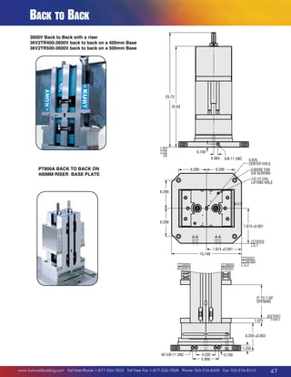 Back to Back
6.299

6.299

0.625
CENTER HOLE
C/BORE FOR
5/8 SCREWS
1/2-13 (2X)
LIFTING HOLE

6.299

3600V Back to Back with a riser
36V2TR400-3600V back to back on a 400mm Base
36V2TR500-3600V back to back on a 500mm Base
6.299

7.874 ±0.001

.001 A
-B-

7.874 ±0.001
15.748

25.73

.001 A
.0015 B
-C-

22.63

0.625
CENTER HOLE
.002 A
.001 C

6.299

.002 A
.001 C

6.299

.001
-A-

1/2-13 (2X)
LIFTING HOLE

0.709
0.984

6.299

PT800A BACK TO BACK ON
400MM RISER BASE PLATE

C/BORE FOR
5/8 SCREWS

6.299

0 TO 7.50
OPENING

5/8-11 UNC

0.625
CENTER HOLE

6.299

C/BORE FOR
5/8 SCREWS
1/2-13 (2X)
LIFTING HOLE

1.075

.001 A
2 SURF-S

6.299
6.299

7.874 ±0.001

6.250 ±0.003
1.250

4X 5/8-11 UNC

4.330
5.906

.001 A
-B-

7.874 ±0.001
15.748

6.299

.001 A
7.874 ±0.001
.0015 B
-C-

0.709

.001 A
-B-

7.874 ±0.001
15.748
.002 A
.001 C

.002 A
.001 C

.002 A
.001 C

.001 A
.0015 B
-C-

.002 A
.001 C

0 TO 7.50
OPENING

1.075

.001 A
2 SURF-S

0 TO 7.50
OPENING
6.250 ±0.003
1.250

4X 5/8-11 UNC

4.330
5.906

0.709

1.075

6.250 ±0.003
www.kurtworkholding.com | Toll Free Phone 1-877-226-7823 | Toll Free Fax 1-877-226-7828 | Phone 763-574-8309 | Fax 763-574-8313

.001 A
2 SURF-S

47

 