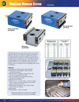 MoveLock Modular System

PATENTED

Manual Movable
Jaw ML35

Hydraulic Movable
Jaw MLH35

MLH35 Hydraulic Pressure
To Clamping Force Chart

ML35 Torque/Clamping
Force Chart
Torque
(FT LBS)

Clamping Force
(LBS)

Hyd. Pressure
(PSI)

200

5

750

800

500

10

1,550

850

15

2,600

1,600

This high precision two-piece vise is the first of its type to
utilize the famous Kurt AngLock concept to prevent jaw
lift during clamping. As power is applied to the piston, it
is driven forward to locate on an internal segment. While
the lateral force is clamping the part, downward pressure
is being applied to the movable jaw, which minimizes or
prevents part lift. For every pound of clamping force on
the jaw, there is a half pound of force exerted down on the
movable jaw.

400
1,200

Stationary
Jaw MLS351

Clamping Force
(LBS)

1,200

20

3,550

2,000

1,550

25

4,450

2,400

1,850

30

5,400

2,800

2,150

35

6,300

3,200

2,500

40

6,900

Features:
M
•  ovable and stationary jaws sold separately.
•  ovable jaws are available in either manual
M
or hydraulic actuation.
•  ay be used as a single or double station vise,
M
and can be mounted side by side.
C
•  an be configured into high density fixturing.
(See SeraLock pages 32-33)
•  eatures a 5/16 stroke.
F
•  ounts on a 2 x 2 grid system, T-slot sub-bases
M
with a 2 pitch, standard sub-plates and machine
tables and SeraLock system.
C
•  lamps large workpieces - jaw opening limited
only by the work envelope.
•  ight weight.
L
•  mall footprint - 3.500 jaw width.
S
Special jaw plates and workstops are available.
Contact the factory for pricing and availability.

48

www.kurtworkholding.com | Toll Free Phone 1-877-226-7823 | Toll Free Fax 1-877-226-7828 | Phone 763-574-8309 | Fax 763-574-8313

 