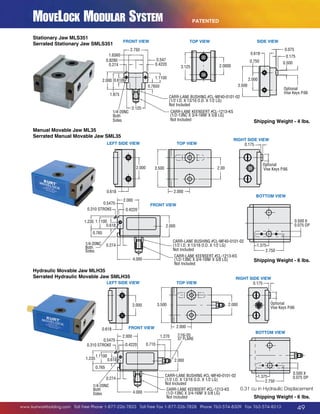 MoveLock Modular System
Stationary Jaw MLS351
Serrated Stationary Jaw SMLS351
0.618
0.750

FRONT VIEW

1.6560
0.8280
0.274

0.175
0.500

1.875

2.000

0.618

0.618

LEFT SIDE VIEW

2.000
2.000
2.000 3.500

0.618

0.5470
0.310 STROKE

2.000
0.4220

2.000

3.500

3.500

2.000
0.618

TOP VIEW

3.500

2.000
2.000

2.000

2.000

FRONT VIEW
Carvable Area
1.870
0.42

0.618
0.750

2.000 0.075
0.075
0.175
0.175
0.500
0.500

2.000

CARR-LANE BUSHING #CL-MF40-0101-02
(1/2 I.D. X 13/16 O.D. X 1/2 LG)
Not Included
0.5470
CARR-LANE KEENSERT #CL-1213-KS
(1/2-13NC X 3/4-16NF X 5/8 0.310 STROKE
LG)
0.175
Not Included

2.125

Manual Movable Jaw ML35
Serrated Manual Movable Jaw SML35
3.500

0.750

1.1100

1/4-20NC
Both
Sides

0.618

2.0000
2.0000

0.7650

Optional
Vise Keys P.66

SIDE VIEW

3.500

0.618
0.547
0.4220
0.618 3.125 3.125

2.000 0.618

2.000

TOP VIEW
2.000

2.750

0.075

2.000
3.500

PATENTED

2.000
3.500

2.000
Optional
Optional Keys P.66
Vise
Vise Keys P.66

2.000
0.4220

Shipping Weight - 4 lbs.

1.235 1.1100
0.618
Optional
0.765 RIGHT SIDE VIEW
Vise Keys P.66
0.175
0.175
1/4-20NC 0.274
Both
Sides
2.000
3.500

2.000

2.000
0.175

CARR-LAN
(1/2 I.D. X
Not Include

CARR-LAN
Optional
Optional
Optional (1/2-13NC
4.000
2.000 Not Includ
Vise
Vise Keys P.66 Vise Keys P.66 Key

2.000
BOTTOM VIEW

0.500 X
0.075 DP
2.000
2.000
2.000
2.000
1.23 0.5470
0.5470
0.5470
0.765
7/16-20
2.000
1.270
0.310
0.310 STROKE 0.310 STROKE STROKE
0.4220
0.4220
0.4220
37 FLARE
CARR-LANE BUSHING #CL-MF40-0101-02
0.5470
1/4-20NC 0.274
(1/2 I.D. X 13/16 O.D. X STROKE
0.710
0.4220 1.375
0.310 1/2 LG)
0.13
Both
1.235 1.1100
1.235 1.1100 1.235 1.1100 Not Included
2.750
Sides
0.175 2.000
0.618 2.000
0.618
0.618
2.000
CARR-LANE KEENSERT #CL-1213-KS
1.1100
4.000
(1/2-13NC X 3/4-16NF X 5/8 LG)
1.235
Shipping Weight - 6 lbs.
0.618
0.765
0.765
0.765
2.000
Not Included
2.000
3.500
0.765
CARR-LANE BUSHING #CL-MF40-0101-0
CARR-LANE BUSHING #CL-MF40-0101-02
CARR-LANE BUSHING #CL-MF40-0101-02
2.000
Hydraulic Movable Jaw MLH35
1/4-20NC 0.274
1/4-20NC 1/4-20NC 0.274
Optional
(1/2
0.274
(1/2 I.D. X 13/16 O.D. X 1/2 LG)I.D. X 13/16 LG) X 1/2 LG)
(1/2 I.D. X 13/16 O.D. X 1/2 O.D.
Both
Both
Both
Serrated Hydraulic Movable Jaw SMLH35
Vise Included
Not
Not Included Not Included Keys P.66 CARR-LANE BUSHING #
Sides
Sides
Sides
0.274 RIGHT SIDE VIEW
(1/2 I.D. X 13/16 O.D. X
LEFT SIDE VIEW
TOP VIEW
0.175
CARR-LANE Not Included
CARR-LANE KEENSERT #CL-1213-KS KEENSERT #CL-1213-KS
CARR-LANE KEENSERT #CL-1213-KS
1/4-20NC X 3/4-16NF X 5/8 3/4-16NFXX3/4-16NF X 5/8 LG)
4.000
4.000
4.000 (1/2-13NC
(1/2-13NC 5/8 LG)
(1/2-13NC X LG)
0.175
2.000
CARR-LANE KEENSERT
0.175
Both Included Not Included Included
Not
Not
4.000
0.618
(1/2-13NC X 3/4-16NF X
Sides
2.000
3.500
Not Included
2.000
Carvable Area
2.000
3.500
Optional
2.000
3.500
2.000
1.870
Vise Keys P.66
2.000
Op
Optional
0.42
Vis
Vise Keys
0.500 X
2.000
0.075 DP
2.000
0.618
1.23
2.000
Carvable Area
Carvable Area0.618
Carvable Area FRONT VIEW
0.618
BOTTOM VIEW
1.870
1.870
1.870
7/16-20
2.000
1.270
37 FLARE
1.375
0.42
0.42
0.42
0.5470
0.13
0.500 X
0.500 X 0.500 X
1.870
0.4220
2.750 0.710
0.310 STROKE
0.075 DP
0.075 DP 0.075 DP
0.42
1.23
1.23
1.23
1.1100
1.235
0.618
2.000
1.23
7/16-20
2.000
1.2701.375
0.765
1.375
1.375
37 FLARE
0.13
0.13
0.13
7/16-20
0.5470
2.000 2.750
7/16-20
0.500 X
2.7501.270
2.750
37
1.270
0.710 2.000 BUSHING #CL-MF40-0101-02FLARE FLARE
0.4220
0.5470
0.310 STROKE
37
1.375
0.13 CARR-LANE
0.075 DP
0.5470 I.D.
0.274
(1/2
LG)
0.4220
0.310 STROKE X 13/16 O.D. X 1/2 0.710
2.750
0.710
0.4220
0.310 STROKE Not Included
1/4-20NC 1.1100
0.31 cu in Hydraulic Displacement
CARR-LANE KEENSERT #CL-1213-KS
Both 1.235
0.618
2.000
1.1100
4.000
1.1100 (1/2-13NC X 3/4-16NF X 5/8 LG)
1.235
Sides
0.618
2.000 Shipping Weight - 6 lbs.
1.235
Not
0.618 Included
0.765
2.000
0.765
0.765
CARR-LANE BUSHING #CL-MF40-0101-02
www.kurtworkholding.com | Toll Free Phone 1-877-226-7823 | Toll Free Fax 1-877-226-7828 | Phone 763-574-8309 | Fax 763-574-8313
49
0.274
(1/2 I.D. X 13/16 O.D. X 1/2CARR-LANE BUSHING #CL-MF40-0101-02
LG)
1.235 1.1100
0.618

 