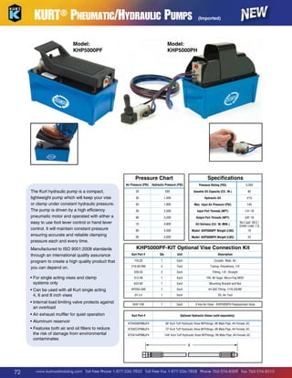 KURT® Pneumatic/Hydraulic Pumps
Model:
KHP5000PF

(Imported)

Model:
KHP5000PH

Specifications

Pressure Chart
Air Pressure (PSI)

The Kurt hydraulic pump is a compact,
lightweight pump which will keep your vise
or clamp under constant hydraulic pressure.
The pump is driven by a high efficiency
pneumatic motor and operated with either a
easy to use foot lever control or hand lever
control. It will maintain constant pressure
ensuring accurate and reliable clamping
pressure each and every time.
Manufactured to ISO 9001:2008 standards
through an international quality assurance
program to create a high quality product that
you can depend on.

Hydraulic Pressure (PSI)

Pressure Rating (PSI)

5,000

20

500

Useable Oil Capacity (CU. IN.)

85

30

1,000

Hydraulic Oil

#13

40

1,800

Max. Input Air Pressure (PSI)

145

50

2,500

Input Port Threads (NPT)

1/4-18

60

3,200

Output Port Threads (NPT)

3/8-18

70

3,800

Oil Delivery (CU. IN./MIN.)

No Load: 49.5 /
Under Load: 7.6

80

4,500

Model: KHP5000PF Weight (LBS)

19

90

5,000

Model: KHP5000PH Weight (LBS)

22

KHP5000PF-KIT Optional Vise Connection Kit
Kurt Part #

Qty

Unit

Description

• Can be used with all Kurt single acting

4, 6 and 8 inch vises
• Internal load limiting valve protects against

an overload
• Air exhaust muffler for quiet operation

• Aluminum reservoir

• Features both air and oil filters to reduce

the risk of damage from environmental
contaminates

1

Each

Coupler, Male, Air

5

Foot

Tubing, Polyethene, 1/4

226-02

•  or single acting vises and clamp
F
systems only

1HLZ8
219-00-RM

2

Each

Fitting, 1/4, Straight

312-06

1

Each

FRL W/ Gage, Micro-Fog MOD

A33-82

1

Each

Mounting Bracket and Nut

APD50-309

1

Each

#4 SAE Fitting, 7/16-20UNF

AT-L4

1

Each

Oil, Air Tool

KHV-109

1

Each

3-line Air Hose - KHP5000PH Replacement Hose

Kurt Part #

Optional Hydraulic Hoses (sold separately)

KT04036PM6JF4

36 Kurt Tuff Hydraulic Hose W/Fittings, #6 Male Pipe, #4 Female JIC

KT04072PM6JF4

72 Kurt Tuff Hydraulic Hose W/Fittings, #6 Male Pipe, #4 Female JIC

KT04144PM6JF4

144 Kurt Tuff Hydraulic Hose W/Fittings, #6 Male Pipe, #4 Female JIC

A

72

www.kurtworkholding.com | Toll Free Phone 1-877-226-7823 | Toll Free Fax 1-877-226-7828 | Phone 763-574-8309 | Fax 763-574-8313

 