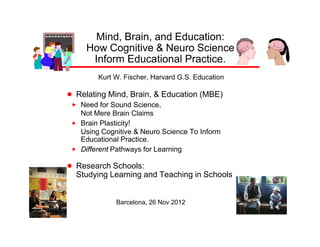 Mind, Brain, and Education:
      How Cognitive & Neuro Science
       Inform Educational Practice.
          Kurt W. Fischer, Harvard G.S. Education

! Relating Mind, Brain, & Education (MBE)
 <   Need for Sound Science,
     Not Mere Brain Claims
 <   Brain Plasticity!
     Using Cognitive & Neuro Science To Inform
     Educational Practice.
 <   Different Pathways for Learning

! Research Schools:
  Studying Learning and Teaching in Schools


               Barcelona, 26 Nov 2012
 