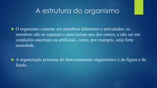A estrutura do organismo
 O organismo consiste em membros diferentes e articulados: os
membros não se separam e nem isolam uns dos outros, a não ser em
condições anormais ou artificiais, como, por exemplo, uma forte
ansiedade.
 A organização primaria do funcionamento organísmico é da figura e do
fundo.
 