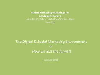The	
  Digital	
  &	
  Social	
  Marke2ng	
  Environment	
  	
  
or	
  
	
  How  we  lost  the  funnel!	
  
	
  
June	
  20,	
  2014	
  
Global Marketing Workshop for
Academic Leaders 
June 18–20, 2014 • SUNY Global Center • New
York City 	
  
 
