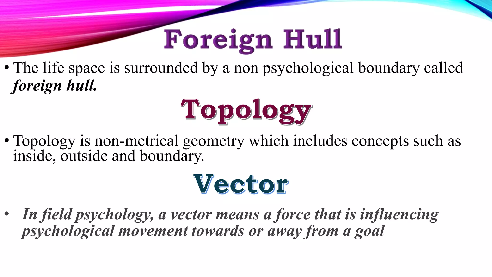 • The life space is surrounded by a non psychological boundary called
foreign hull.
• Topology is non-metrical geometry which includes concepts such as
inside, outside and boundary.
• In field psychology, a vector means a force that is influencing
psychological movement towards or away from a goal
 
