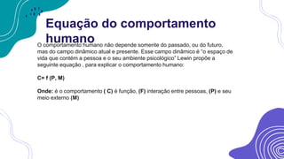 Equação do comportamento
humano
O comportamento humano não depende somente do passado, ou do futuro,
mas do campo dinâmico atual e presente. Esse campo dinâmico é “o espaço de
vida que contém a pessoa e o seu ambiente psicológico” Lewin propõe a
seguinte equação , para explicar o comportamento humano:
C= f (P, M)
Onde: é o comportamento ( C) é função, (F) interação entre pessoas, (P) e seu
meio externo (M)
 