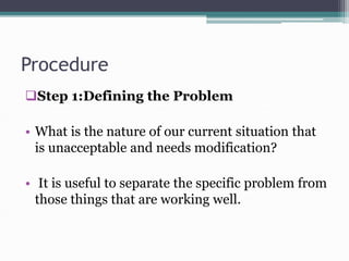 Procedure
Step 1:Defining the Problem
• What is the nature of our current situation that
is unacceptable and needs modification?
• It is useful to separate the specific problem from
those things that are working well.