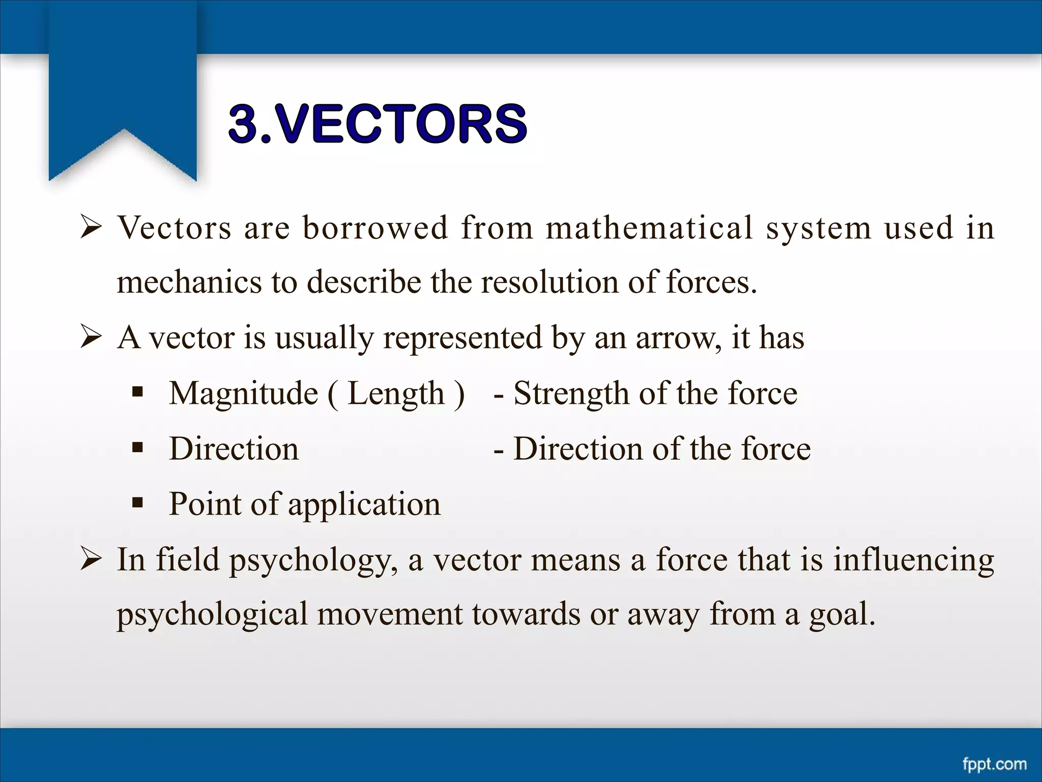Ø Vectors are borrowed from mathematical system used in
mechanics to describe the resolution of forces.
Ø A vector is usually represented by an arrow, it has
§ Magnitude ( Length ) - Strength of the force
§ Direction - Direction of the force
§ Point of application
Ø In field psychology, a vector means a force that is influencing
psychological movement towards or away from a goal.
 