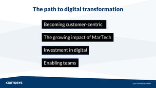 your investors matter
Becoming customer-centric
The growing impact of MarTech
Investment in digital
Enabling teams
The path to digital transformation
 
