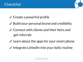 Advisors Using LinkedIn
Katharine Earhart,
Principal at Alesco
Advisors, LLC
Why I like LinkedIn:
- LinkedIn helps me stay connected to all my former colleagues and industry connections
which is always helpful in business regardless of what industry you're in. Specifically for
investment advisory, it has helped me grow my center of influence and referral network.
- I like LinkedIn Pulse as it identify news and articles that are relevant to people in your
network. It gives you a reason to reach out to your network.
- LinkedIn's contact features function as a contact list that is immediately accessible across
different devices (mobile, laptop, etc)
How I use LinkedIn:
- As a financial advisor, I use LinkedIn to research prospects and centers of influence. I also
use it to update my network on activities and community roles I am involved in.
- I use LinkedIn to do research on companies that I am targeting or want to learn more
about. I like to understand who in my network is connected to people in that firm.
- I often have people in my network initially contact me via LinkedIn as a way to stay in
touch or request a connection to someone else.
 