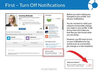 Checklist
 Create a powerful profile
 Build your personal brand and credibility
 Connect with clients and their heirs and get referrals
 Learn about the apps for your smart phone
 Integrate LinkedIn into your daily routine
 