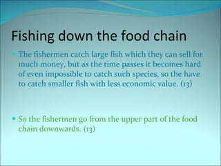 Fishing down the food chain <ul><li>The fishermen catch large fish which they can sell for much money, but as the time pas...