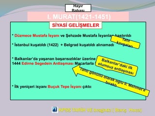 I. MURAT(1421-1451)
Hayır
Babası
* Düzmece Mustafa İsyanı ve Şehzade Mustafa İsyanları bastırıldı
* İstanbul kuşatıldı (1422) + Belgrad kuşatıldı alınamadı
* Balkanlar’da yaşanan başarısızlıklar üzerine
1444 Edirne Segedein Antlaşması Macarlarla imzalandı
* İlk yeniçeri isyanı Buçuk Tepe İsyanı çıktıı
SİYASİ GELİŞMELER
 