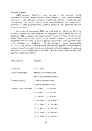 Teknik Bilgiler
GRID Autosport Türkçe’nin hazırlık aşaması 14 gün sürmüştür. Hazırlık
aşamasından sonraki çeviriye 172 saat, grafik tasarıma 32 saat, video ve reklam
işlemlerine 44 saat, dil bilgisi kontrollerine 3 saat, kalite kontrol ve testlere 63 saat,
dökümanların hazırlanmasına 10 saat, koordinasyon işlemlerine 4 saat, programlama
işlemlerine 17 saat, güncellemelere uyarlama işlemleri 3 saat; toplamda 348 saat
emek harcanmıştır.
Programlama işlemlerinde 2030 satır kod yazılmıştır. Geliştirilmiş Sürüm’de
Minimum yükleme tipi sabit diskinizde 102 Megabayt, Tam yükleme tipi ise 1.34
Gigabayt (1380 Megabayt) alan kaplamaktadır. Bu yama Windows 7 Ultimate x64
işletim sistemi üzerinde UAC ayarları kapalı, Yönetici Hakları’na sahip bir kullanıcı
hesabıyla birlikte denenmiş ve sorunsuz çalıştığı onaylanmıştır. Yama yayınlanmadan
önce veritabanı tarihi 20.09.2014 11:08 olan Kaspersky Internet Security 2014
(v14.0.0.4651(h)) ile saat 21:38’de güvenlik taramasından geçirilmiş ve hiçbir tehdide
rastlanmamıştır. Yamanın sürümü, oyunun çıktığı ilk sürümden başlayıp en son hangi
sürümüne kadar desteklendiğini ifade eder. GRID Autosport Türkçe ile ilgili diğer
ayrıntıları aşağıda bulabilirsiniz.
Kılavuz Sürümü : Revizyon 1
Ürün Sürümü : 1.0.101.7026
Ürün CRC32 Değeri : A66FAE01 (Standart Sürüm)
34373C61 (Geliştirilmiş Sürüm)
Ürün Boyutu (MB) : 110 MB (Standart Sürüm)
273 MB (Geliştirilmiş Sürüm)
Oyunun Uyumlu Sürümleri : 1.0.99.2995, 1.0.99.2995 AVX
1.0.99.5477, 1.0.99.5477 AVX
1.0.99.8129, 1.0.99.8129 AVX
1.0.100.5260, 1.0.100.5260 AVX
1.0.101.2426, 1.0.101.2426 AVX
1.0.101.4672, 1.0.101.4672 AVX
1.0.101.5633, 1.0.101.5633 AVX
1.0.101.7026, 1.0.101.7026 AVX
15
 
