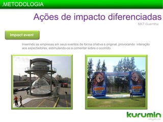 .METODOLOGIAAções de impacto diferenciadasMKT GuerrilhaImpacteventInserindo as empresas em seus eventos de forma criativa e original, provocando  interação aos espectadores, estimulando-os a comentar sobre o ocorrido.  