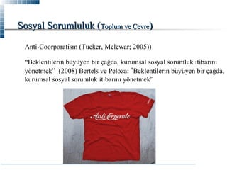 Sosyal Sorumluluk (Toplum ve Çevre)
Anti-Coorporatism (Tucker, Melewar; 2005))
“Beklentilerin büyüyen bir çağda, kurumsal sosyal sorumluk itibarını
yönetmek” (2008) Bertels ve Peloza: “Beklentilerin büyüyen bir çağda,
kurumsal sosyal sorumluk itibarını yönetmek”

 