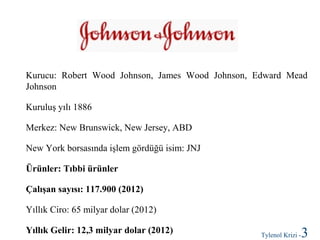 Kurucu: Robert Wood Johnson, James Wood Johnson, Edward Mead
Johnson
Kuruluş yılı 1886
Merkez: New Brunswick, New Jersey, ABD
New York borsasında işlem gördüğü isim: JNJ
Ürünler: Tıbbi ürünler
Çalışan sayısı: 117.900 (2012)
Yıllık Ciro: 65 milyar dolar (2012)
Yıllık Gelir: 12,3 milyar dolar (2012)

Tylenol Krizi -

3

 