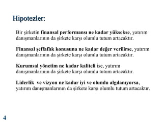 Hipotezler:
Bir şirketin finansal performansı ne kadar yüksekse, yatırım
danışmanlarının da şirkete karşı olumlu tutum artacaktır.
Finansal şeffaflık konusuna ne kadar değer verilirse, yatırım
danışmanlarının da şirkete karşı olumlu tutum artacaktır.
Kurumsal yönetim ne kadar kaliteli ise, yatırım
danışmanlarının da şirkete karşı olumlu tutum artacaktır.
Liderlik ve vizyon ne kadar iyi ve olumlu algılanıyorsa,
yatırım danışmanlarının da şirkete karşı olumlu tutum artacaktır.

4

 
