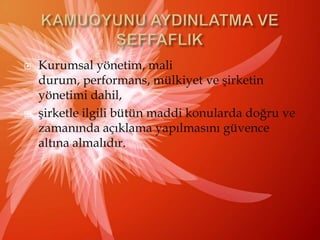 Ülkemizdehalkaaçılanşirketlerin önemli bir kısmıhalenyatırımcıları ortak olarakgörmemekte, yasalzorunluluklardışında yatırımcı ilişkileri ve yatırımcı haklarınagerekenönemverilmemektedir. Halkaaçıklıkoranınındüşük olması bunun en önemli nedenlerininbaşında gelmektedir.Kurumsal Yönetim kurallarınınçerçevesi, azınlık ve yabancı pay sahipleri de dahilolmak üzere tümortaklara eşit muameleyiiçermelidir.Tümortaklarhaklarınayönelik birmüdahaleyi ortadan kaldırma imkânına sahip olmalıdırlar.
