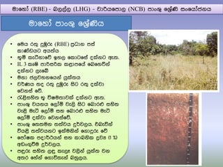 මා෗හෝ පාංශු ෗ශරිතණිය
• ෗මය ර්‍ු දුඹුරු (RBE) පරිධාන පසත
කා්ඩඩයට අය්‍තය
• භූය කැටීනා෗ේ ඉහල ෗කාට෗සත ද්නට ඇ්‍.
• IL 3 කූෂි පාරිසරික කළාප෗යත ෗බ෗හවිනත
ද්නට ලැ෗ේ
• මනා ජලවහන෗යනත යු්්‍ය
• වර්ණය ්‍ද ර්‍ු දුඹුරු සිට ර්‍ු ද්වා
෗වනසත ෗ේ.
• රැළිසහි්‍ භූ විෂම්‍ාව් ද්නට ඇ්‍.
• පාංශු වයනය ෗ලෝය වැලි සිට ෗බාරෆ සහි්‍
වැළි මැටි ෗ලෝය සහ ෗බාරෆ සහි්‍ මැටි
෗ලෝය ද්වා ෗වනසත෗ේ.
• පාංශු ෗්‍්‍මන ්‍්‍තවය දුර්වලය. එබැවිනත
වියළි ්‍්‍තවයනට ඉ්මනිනත ෗ගාදුරු ෗ේ
• ෗පෝෂක පදාර්ථයනත සහ කාබනික ද්‍රවය (1 %)
අඩංගුවීම දුර්වලය.
• පඳුරු සහි්‍ ලඳු කැලෑ වලිනත යු්්‍ වන
අ්‍ර ෗හතනත ෗ගාවි්‍ැනත බහුලය.
මා෗හෝ (RBE) - බලලතල (LHG) - වාරිය෗පාල (NCB) පාංශු ෗ශරිතණි සං෗යෝජනය
 