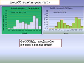 0
50
100
150
200
250
300
350
400
JAN FEB MAR APR MAY JUN JUL AUG SEP OCT NOV DEC
Dependable
Rainfall
(mm)
Month
Rainfall Distribution in WL2b Region
Annual DRF = 2,200 mm
0
50
100
150
200
250
300
350
400
JAN FEB MAR APR MAY JUN JUL AUG SEP OCT NOV DEC
Dependable
Rainfall
(mm)
Month
Rainfall Distribution in WL3 Region
AnnualDRF = 1,700mm
මහරච්චිමුලතල ෗පාලතගහ෗වල
හමනතගල දඹ෗දනිය අලේව
පහ්‍රට ෗්‍්‍ත කළාපය (WL)
 