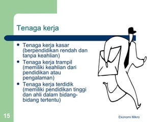 Tenaga kerja Tenaga kerja kasar (berpendidikan rendah dan tanpa keahlian) Tenaga kerja trampil (memiliki keahlian dari pendidikan atau pengalaman) Tenaga kerja terdidik (memiliki pendidikan tinggi dan ahli dalam bidang-bidang tertentu) Ekonomi Mikro 