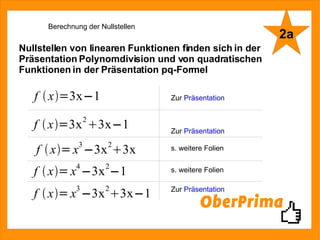 Berechnung der Nullstellen Nullstellen von linearen Funktionen finden sich in der Präsentation Polynomdivision und von quadratischen Funktionen in der Präsentation pq-Formel Zur  Präsentation Zur  Präsentation Zur  Präsentation s. weitere Folien s. weitere Folien 2a 