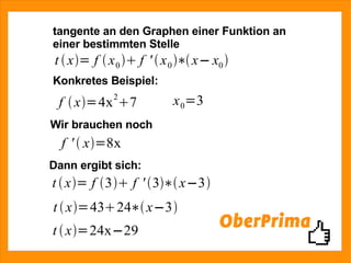 tangente an den Graphen einer Funktion an einer bestimmten Stelle Konkretes Beispiel: Wir brauchen noch Dann ergibt sich: 
