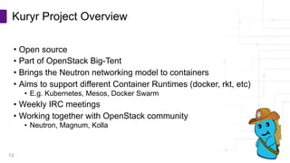 Copyright © PLUMgrid, Inc. 2011-2016
• Open source
• Part of OpenStack Big-Tent
• Brings the Neutron networking model to containers
• Aims to support different Container Runtimes (docker, rkt, etc)
• E.g. Kubernetes, Mesos, Docker Swarm
• Weekly IRC meetings
• Working together with OpenStack community
• Neutron, Magnum, Kolla
Kuryr Project Overview
13
 