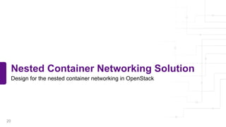 Nested Container Networking Solution
Design for the nested container networking in OpenStack
20
 